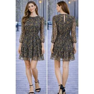 ZARA Floral Mini Dress Size S Long Sleeve Sheer Ruffle Hem Boho Cottagecore